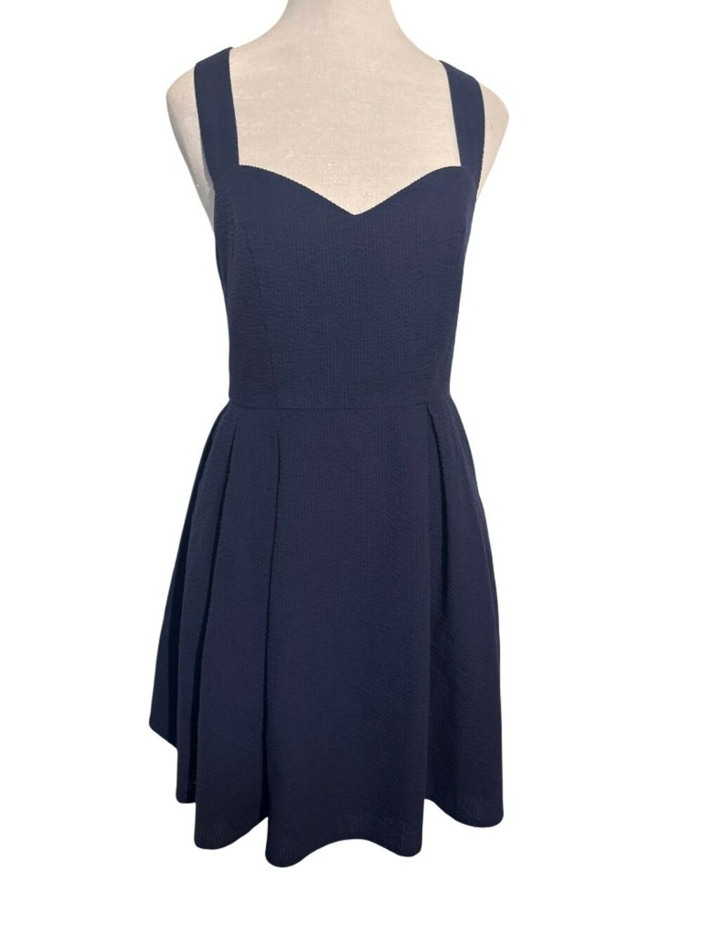 Lauren James Navy Blue Seersucker Fit & Flare Dress Size M